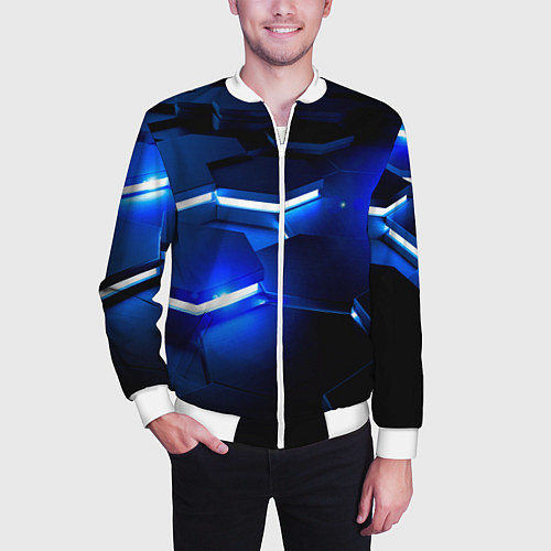 Мужской бомбер Металлические соты с синей подсветкой / 3D-Белый – фото 3