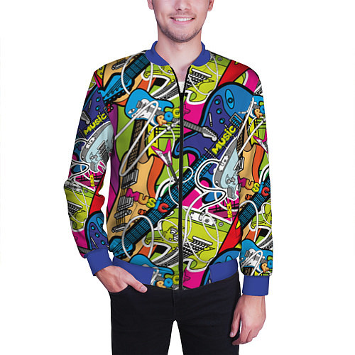 Мужской бомбер Guitars - pop art pattern / 3D-Синий – фото 3