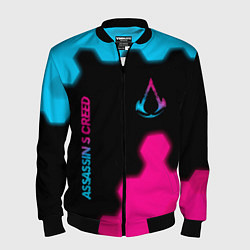 Бомбер мужской Assassins Creed - neon gradient: надпись, символ, цвет: 3D-черный