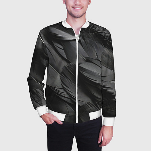Мужской бомбер Черные перья ворона / 3D-Белый – фото 3