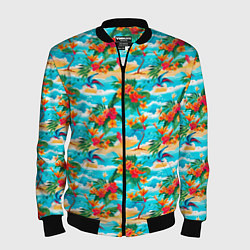 Бомбер мужской Гавайский стиль море и цветы, цвет: 3D-черный