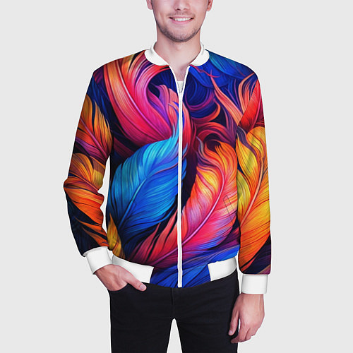 Мужской бомбер Экзотические перья / 3D-Белый – фото 3