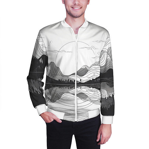 Мужской бомбер Минималистичный пейзаж чб / 3D-Белый – фото 3
