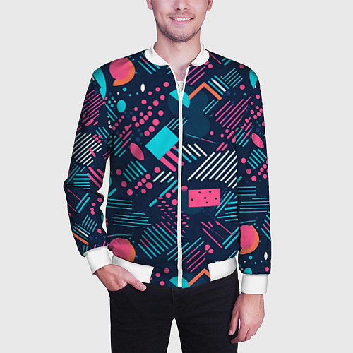 Мужской бомбер Абстракция синяя паттерн / 3D-Белый – фото 3