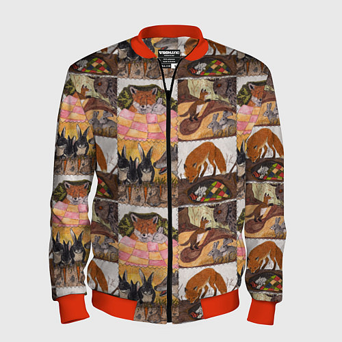 Мужской бомбер Коллаж из рисунков с лисой / 3D-Красный – фото 1