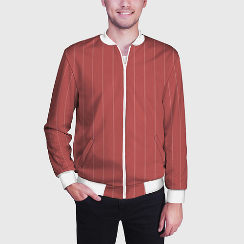 Мужской бомбер Серьёзный тёмно-коралловый полосы / 3D-Белый – фото 3