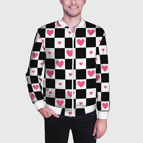 Мужской бомбер Розовые сердечки на фоне шахматной черно-белой дос / 3D-Белый – фото 3