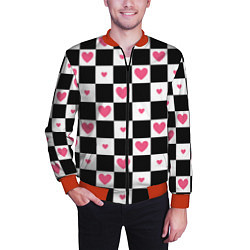 Бомбер мужской Розовые сердечки на фоне шахматной черно-белой дос, цвет: 3D-красный — фото 2
