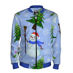 Бомбер мужской Снеговики с новогодними елками паттерн, цвет: 3D-синий