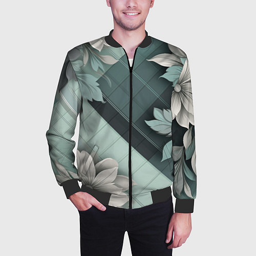 Мужской бомбер Мятная клетка и цветы / 3D-Черный – фото 3