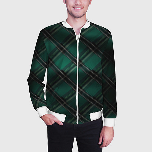 Мужской бомбер Тёмно-зелёная диагональная шотландская клетка / 3D-Белый – фото 3
