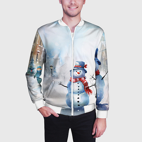Мужской бомбер Новогодний день со снеговиком / 3D-Белый – фото 3