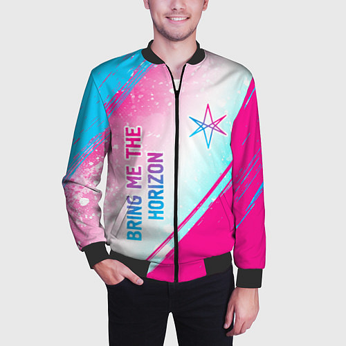 Мужской бомбер Bring Me the Horizon neon gradient style вертикаль / 3D-Черный – фото 3