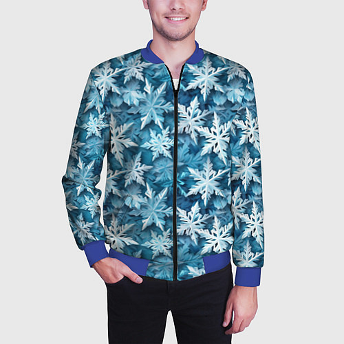 Мужской бомбер New Years pattern with snowflakes / 3D-Синий – фото 3