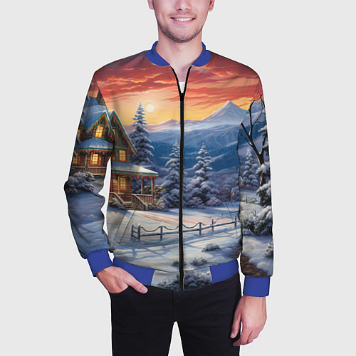 Мужской бомбер Зимний праздник в сказочном городке / 3D-Синий – фото 3