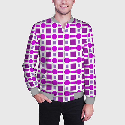 Мужской бомбер Фиолетовые кирпичики и белые полосы / 3D-Меланж – фото 3