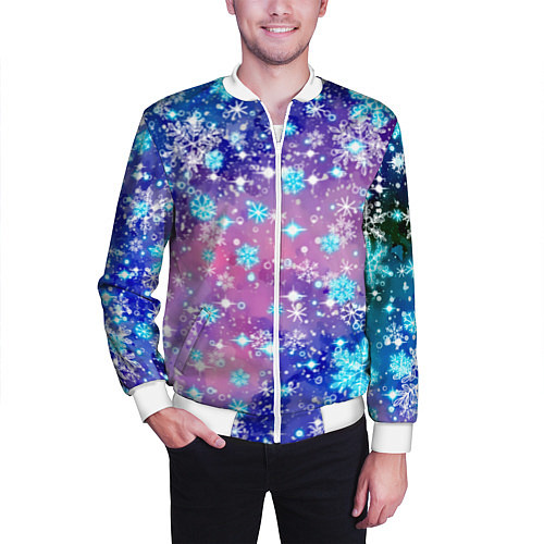 Мужской бомбер Снежинки - морозный паттерн / 3D-Белый – фото 3