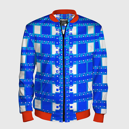 Мужской бомбер Синие и белые квадраты / 3D-Красный – фото 1