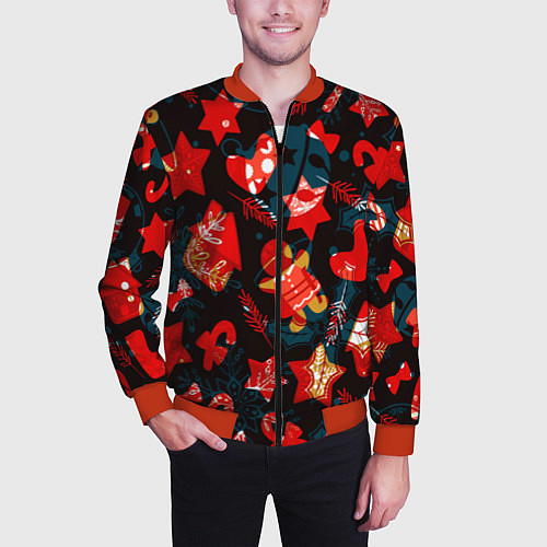 Мужской бомбер Рождественские узоры красные / 3D-Красный – фото 3