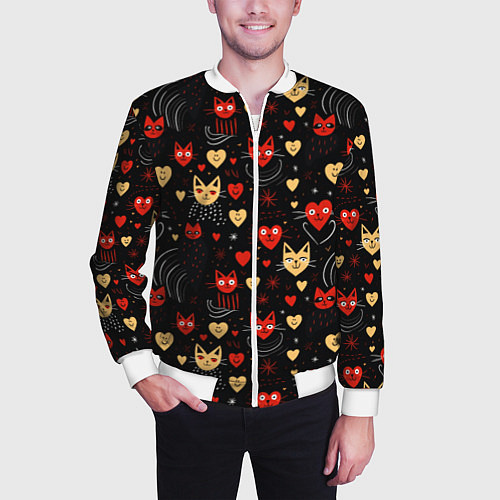 Мужской бомбер Паттерн с сердечками и котами валентинка / 3D-Белый – фото 3