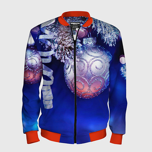 Мужской бомбер Новогодняя елка с шарами / 3D-Красный – фото 1