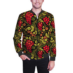 Бомбер мужской Хохломская роспись красные ягоды, цвет: 3D-черный — фото 2