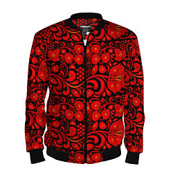 Бомбер мужской Хохломская роспись красные цветы и ягоды на чёрном, цвет: 3D-черный