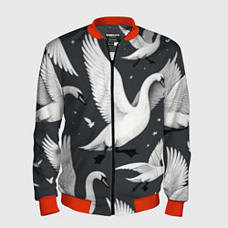 Бомбер мужской Стая белых лебедей летящих в небе, цвет: 3D-красный