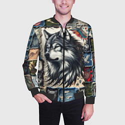 Бомбер мужской Волк на дениме Пэчворк, цвет: 3D-черный — фото 2