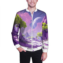 Бомбер мужской Фиолетовые горы зеленые деревья и космос, цвет: 3D-белый — фото 2