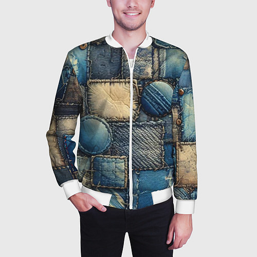 Мужской бомбер Denim patchwork - ai art / 3D-Белый – фото 3
