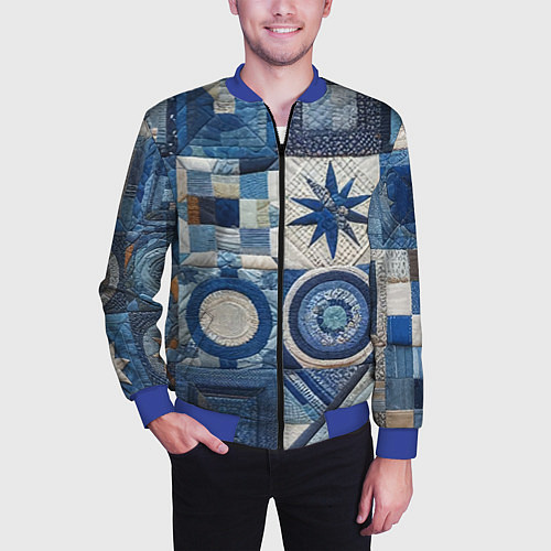 Мужской бомбер Denim patchwork - ai art / 3D-Синий – фото 3