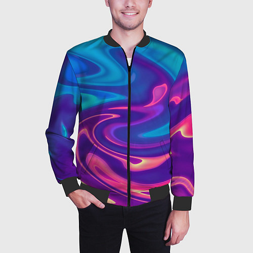 Мужской бомбер Неоновый градиент синий и оранжевый / 3D-Черный – фото 3