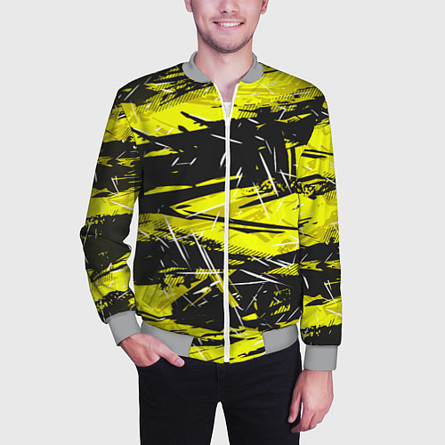 Мужской бомбер Yellow geometry - спортивный узор / 3D-Меланж – фото 3