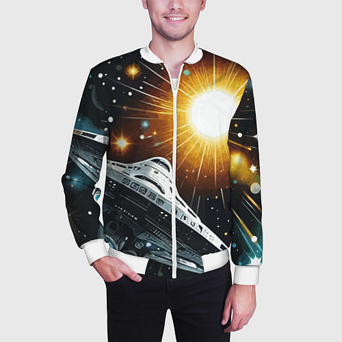 Мужской бомбер Космолёт в неоновом космосе - нейросеть / 3D-Белый – фото 3