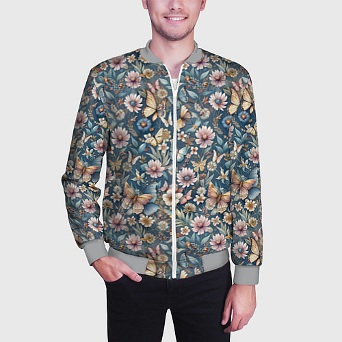 Мужской бомбер Летний узор с цветами и бабочками / 3D-Меланж – фото 3