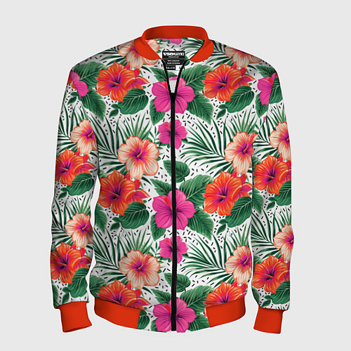 Мужской бомбер Цветы гибискуса и листья мальмы летний тропический / 3D-Красный – фото 1
