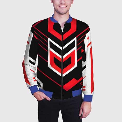Мужской бомбер Полосы и красно-белый шестиугольник / 3D-Синий – фото 3