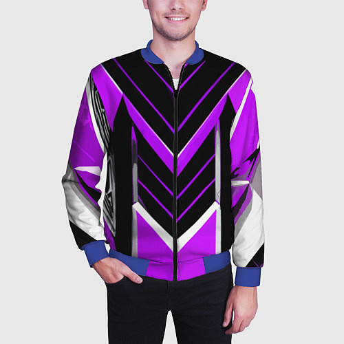 Мужской бомбер Фиолетово-серые полосы на чёрном фоне / 3D-Синий – фото 3