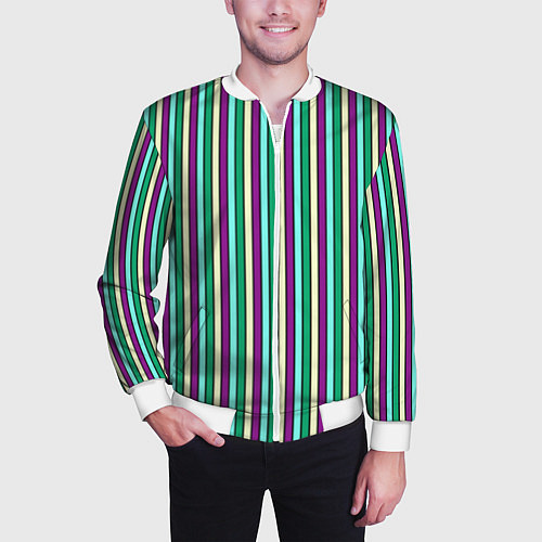 Мужской бомбер Фиолетово-зелёный полосатый / 3D-Белый – фото 3