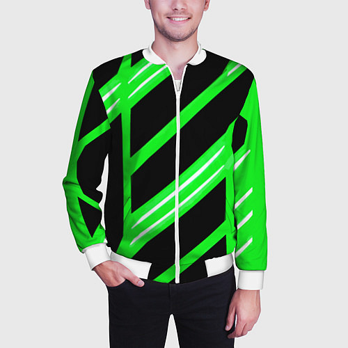 Мужской бомбер Чёрно-белые полосы на зелёном фоне / 3D-Белый – фото 3