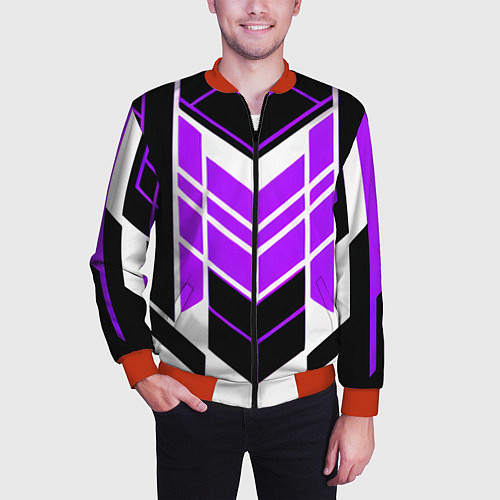 Мужской бомбер Purple and black stripes on a white background / 3D-Красный – фото 3