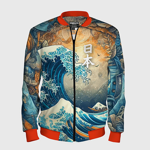 Мужской бомбер Коллаж с Японской волной - нейросеть / 3D-Красный – фото 1