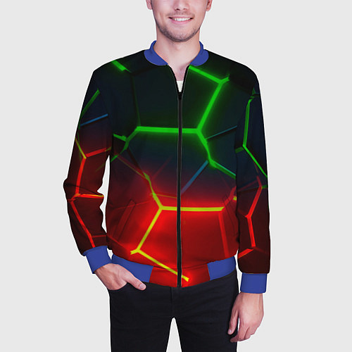 Мужской бомбер Зеленые и красные неоновые плиты в разломе / 3D-Синий – фото 3