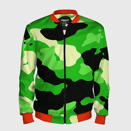Мужской бомбер Зелёный камуфляж текстура / 3D-Красный – фото 1