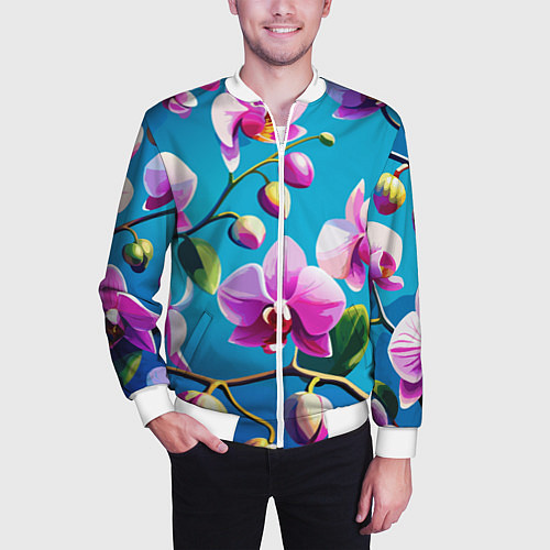 Мужской бомбер Орхидея цветы паттерн / 3D-Белый – фото 3