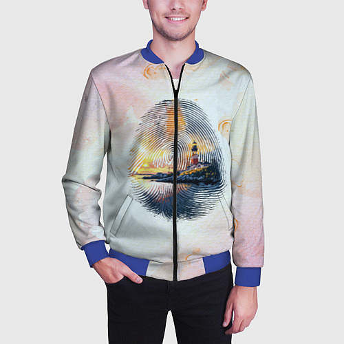 Мужской бомбер Маяк у моря на закате в отпечатке пальца / 3D-Синий – фото 3