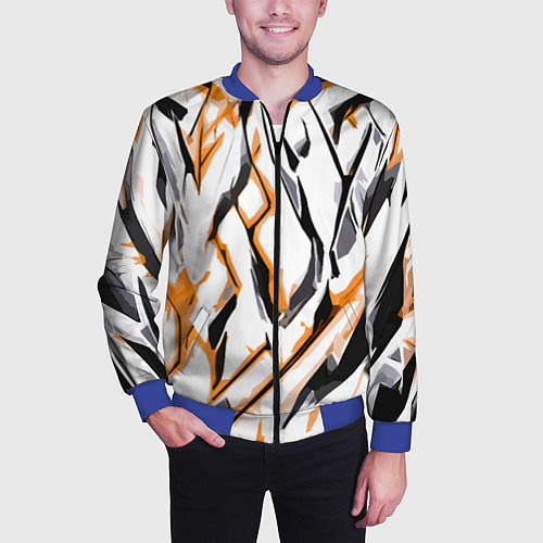 Мужской бомбер Чёрно-жёлтые агрессивные полосы на белом фоне / 3D-Синий – фото 3