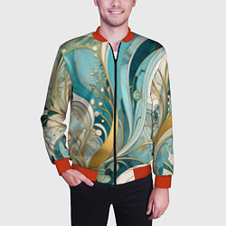 Бомбер мужской Бирюзовый с белым растительный узор в мягких тонах, цвет: 3D-красный — фото 2