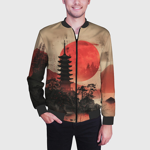 Мужской бомбер Башня на фоне алого заката - Япония / 3D-Черный – фото 3